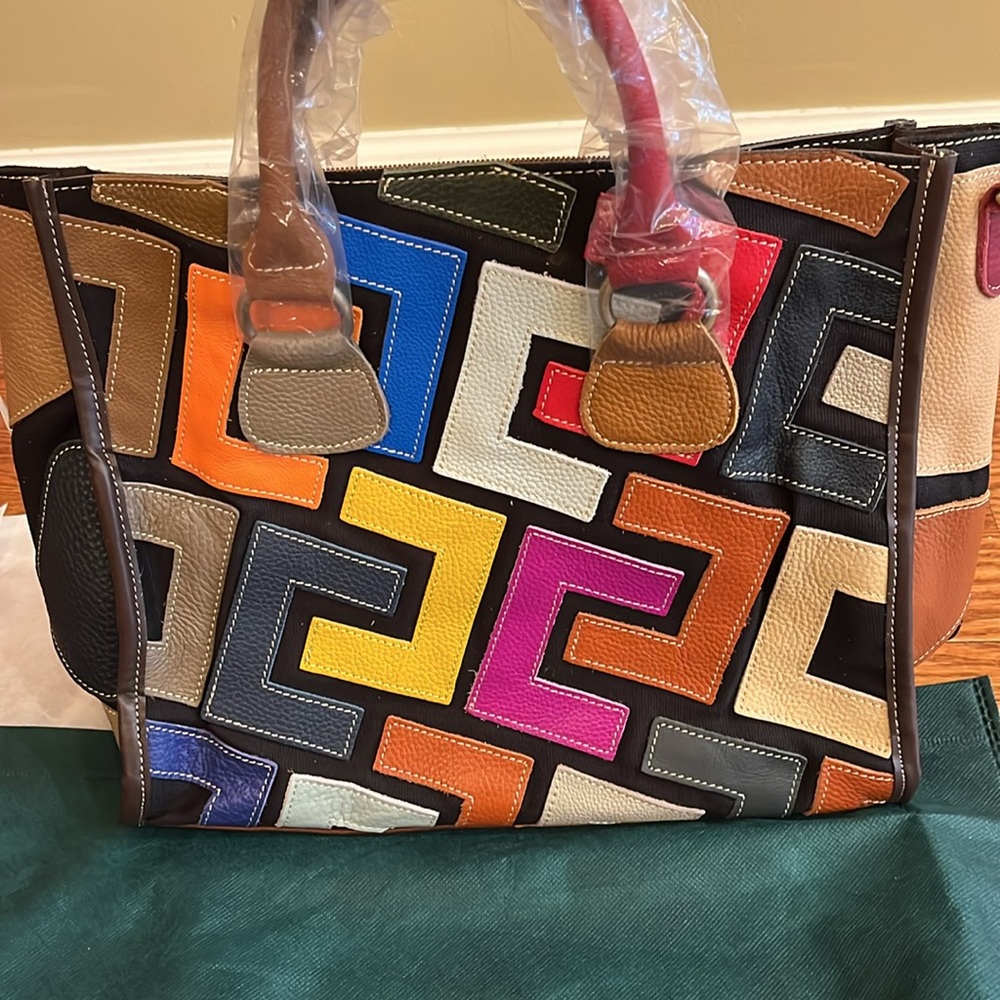 Beautiful Fall Colors! multi-colored Leather Geometric Tote